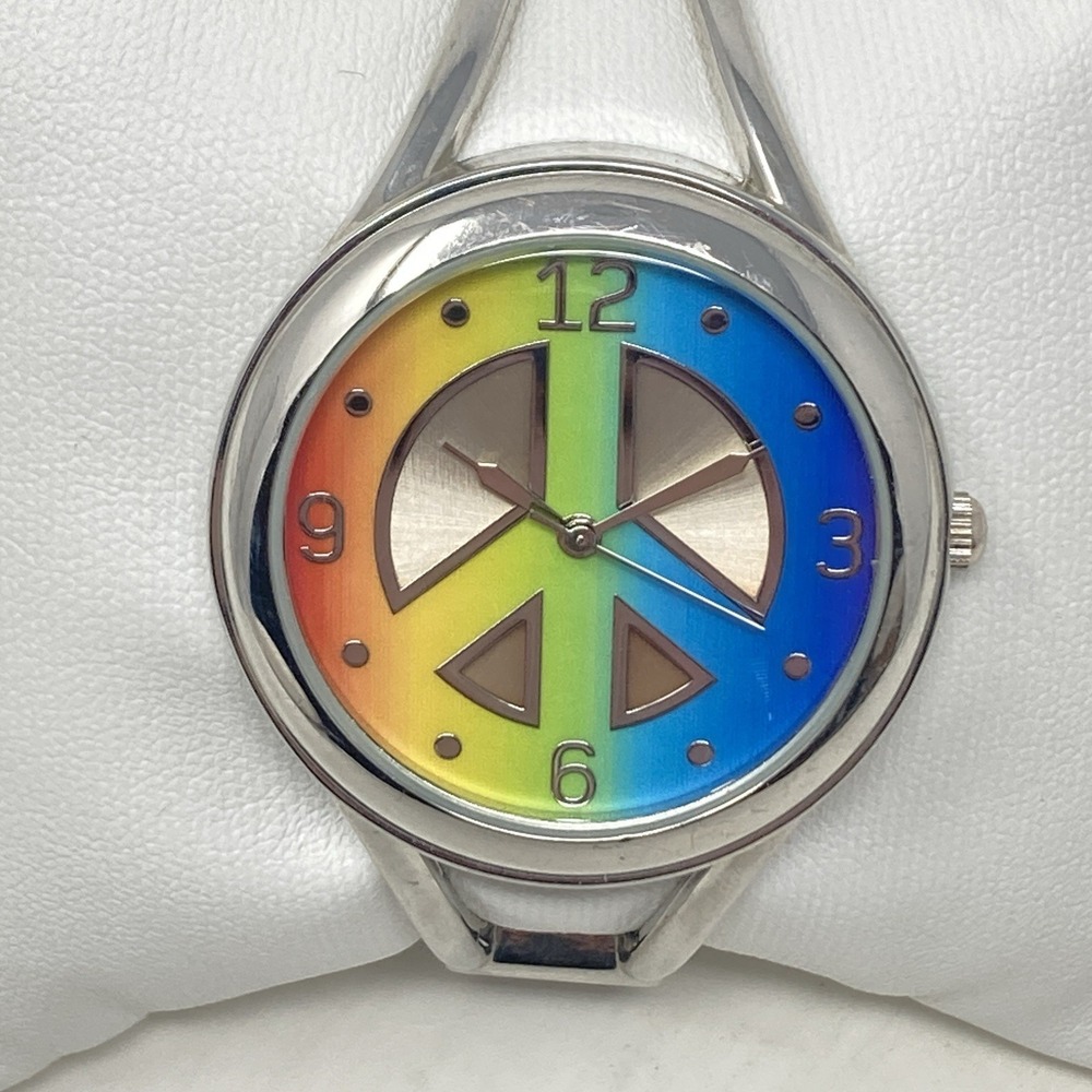 Womens Watch 37mm Peace Silver Tone Rainbow Hinged Cuff Round New Battery 6.25"